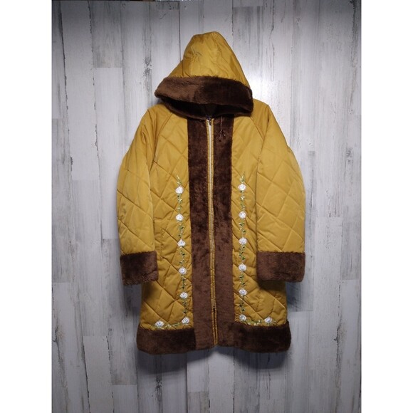 Vintage BB Shop Custom Made Embroidered Quilted Coat Faux Fur Women's Large 80s - Picture 1 of 8